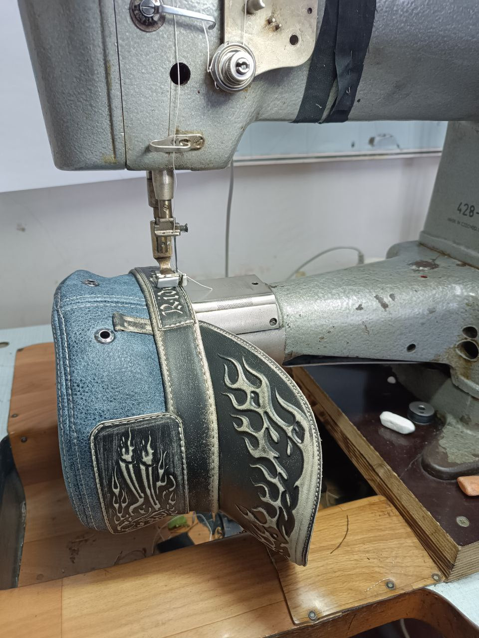 Leather Biker Hat: Handmade Brown Motorcycle Cap for Men with Flaming Skull Patch, Distressed Vintage Design | Apero Bullo